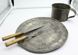 Civil War Era Soldiers Camp Mess Kit Tin Cup Plate & Stag Bone Utensils - 10626