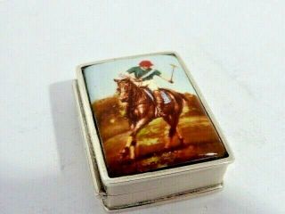 Vintage Solid Silver Pill Box/ Snuff Box With Enamel Polo Player Picture Lid