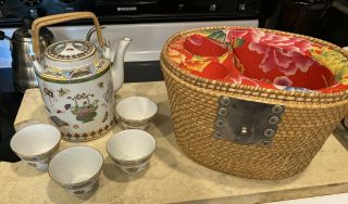 Vintage Chinese Porcelain Wedding Tea Set In Wicket Basket | 4 Cups