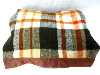 Vintage Jc Penney Camp Cabin Blanket Satin Edges Brown Grey Plaid Acrylic Twin