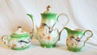Vintage Dragonware Moriage Tea Set Teapot Creamer Sugar Bowl Green And White