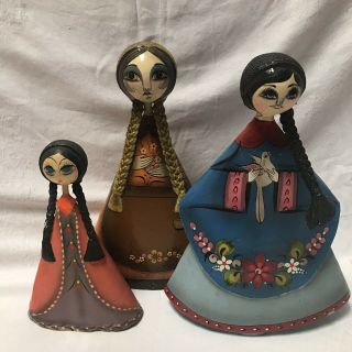3 Vintage Mexican Folk Art Paper Mache Sermel,  Mateos,  Tonala Jal Senorita Dolls