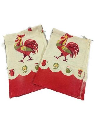 Vintage Kitchen Curtain Panels Rooster Teapot Flower Red