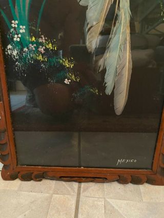 1950 ' s Mexican Feather craft Bird Picture Hand Carved Wood Frame 3