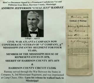 Civil War Confederate 3rd Ms Infantry Biloxi Politician Sheriff Document Signed