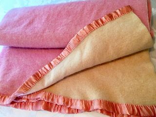 Vintage Wool Reversible Blanket,  Peach Pink & Cream,  Handstitched Satin Trim.