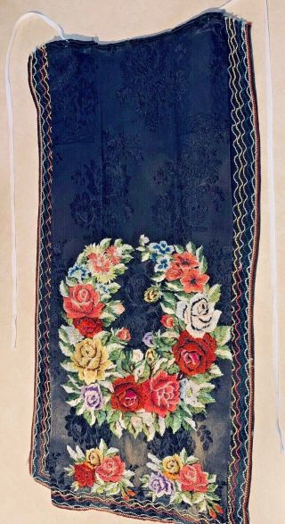 Vintage Slovak Folk Costume Apron,  Black With Floral Embroidery
