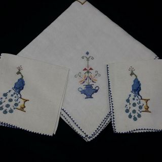 Tablecloth Vintage Hand Made Floral Peacock Cross Stitch 33 " Square,  4 Napkins