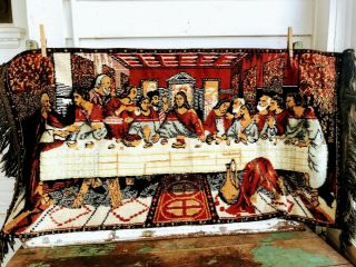 Vintage Rug Carpet Tapestry The Last Supper Jesus Religious With Fringe