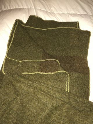 Vintage Army Military Green Wool Trade W/2 Brown Stripes Blanket 90”x61”