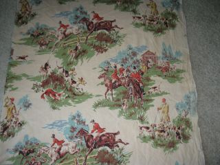 Lg.  Piece Vintage Fabric Equestrian Horse Hound Fox Hunt Bark Cloth 68 " X 79 "