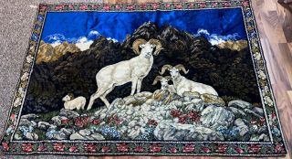 Vintage Mountain Goats Tapestry Rug Made In Italy Royal Blue 48 X 71” Huge Beati