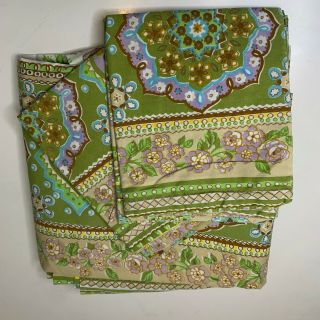 Vintage Full Flat Sheet With Matching 2 Pillow Case Green Purple Floral Print