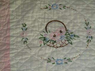 Vtg Embroidered Basket Of Flowers Quilt 80 " X 68 " Hand Sewn & Quilted Pink