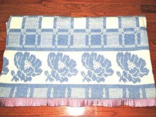 Vtg Esmond Blue White Check W Flower Border Reversible Wool Camp Trade Blanket