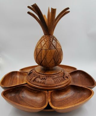 Vintage Hand Carved Monkey Pod Teak Wood Lazy Susan Tiki Hawaii Pineapple