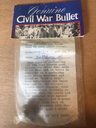 Civil War Bullet.  69 Caliber Musket Ball Vicksburg,  Ms.