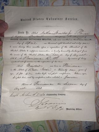 1861 Civil War Discharge Paper (nathaniel Winslow Jr Rhode Island Militia)