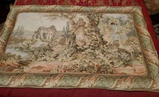 French Aubusson Wall Tapestry Verdure Landscape W Cherub Fountain 55 " X 35 "
