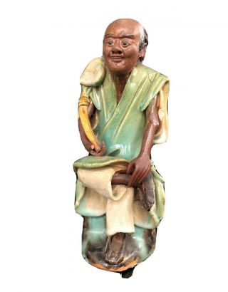 Antique Chinese Mudman Glazed Terracotta Figure - Seated Man Holding Scroll