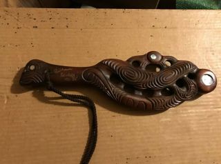 Signed Maori War Club Paddle Hand Carved Wood Shell Polynesian Zeal Rotorua