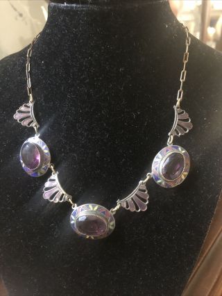 Vintage Art Deco Brass Enamel Purple Glass Necklace 16” Long