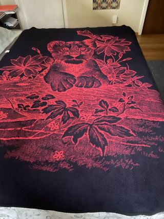 Vintage San Marcos Blanket Throw Hi Pile 60 X 80 Inches Black Red Cat Lion Cub