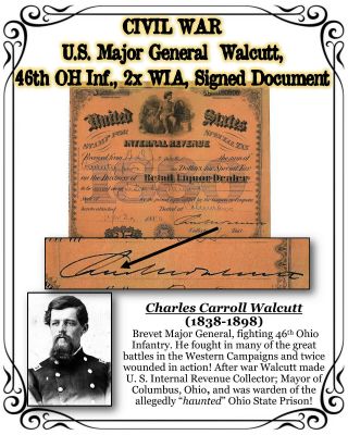 Civil War Major General Walcutt 46th Ohio Inf. ,  2x Wia,  Signed 1876 Document
