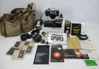 Vintage Nikon Nikkormat Ft3 Camera W/lenses Flash Filters Books Case Etc Nr Yqz
