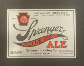 Sprenger Famous Red Rose Ale Beer Label / Irtp U - 367 / Early 1930 