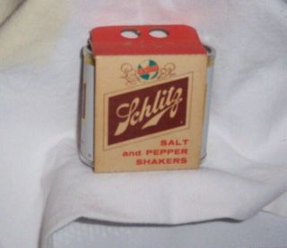 Vintage Set Of Schlitz Metal Can Salt And Pepper Shakers In Paper Holder