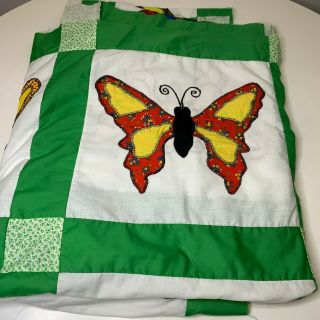 Vintage Quilt Topper Blanket Butterfly Design Patches White Green 71x86