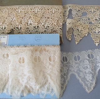 2 Bolts Vintage Ecru Lace Trim French Net,  Woven Pennant Scallop 3 " - 4.  5 " Wide