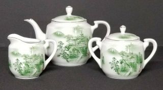 Vintage Hand Painted Green Kutani China Tea Set - Teapot,  Sugar Bowl,  Creamer