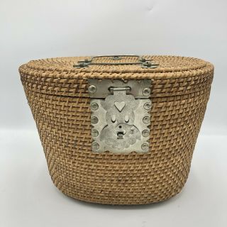 Vintage Chinese Porcelain Wedding Tea Pitcher In A Wicker Basket