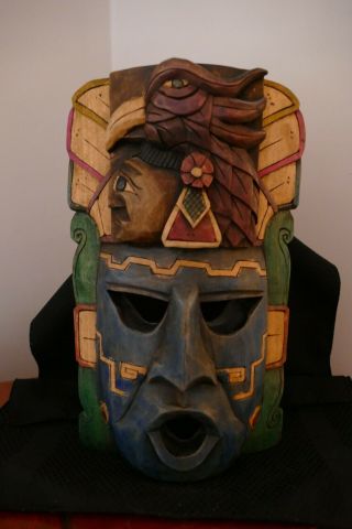 Vtg Painted Mayan Aztec Hand Carved Wooden Totem Head Mask Wall Hanging Decor