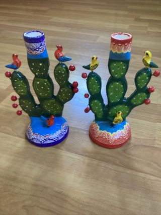 Charming Mexican Folk Art Painted Pottery Tree Of Life Candle Holder Set Of 2