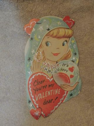 Vintage Valentine Card Gypsy Fortune Teller Crystal Ball 6 1/4 " Glitter Unsigned