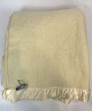 Vintage Wool Blanket Satin Trim Cream Ivory Off White 70 X 82 Faribault Flaw