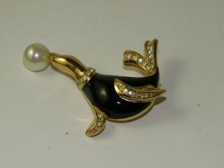 Vintage Christian Dior Black Gold Enamel Rhinestones Glass Pearl Seal Brooch