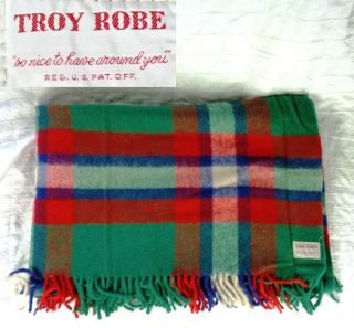 Vintage Troy Robe Red Green Blue Plaid Wool Picnic Blanket 54 " X 67 ",  4 " Fringe