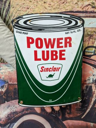 Old Vintage Dated 1952 Sinclair Power Lube Motor Oil Can Porcelain Gas Pump Sign