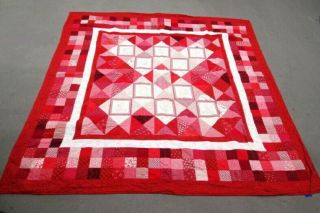 Vintage Handmade Quilt Bedspread Red White 88  X 88