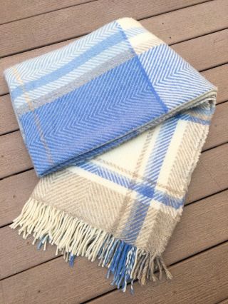 Vintage Alafoss Comfort Icelandic 100 Wool Blanket Throw Blue Ivory Plaid 54x83