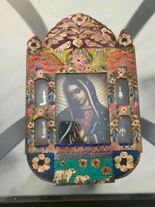 Virgen Maria Virgin Mary Mexican Metal Nicho W/ Milagros Hand Painted 14x9x1 N35