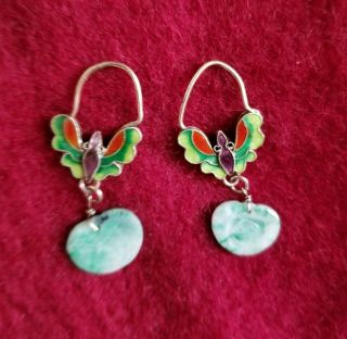 Jade Antique Button And Enamel Earrings Over 100 Years Old.