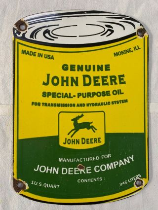 Vintage Porcelain John Deere Special Purpose Oil 7 3/4” X 11” Enamel Sign.  (re)