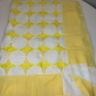 Vintage Quilt Topper Blanket Octagon White Yellow Checkered Print Hand Sewn