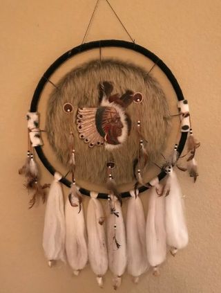 Vintage Native American Indian Large Dream Catcher Fur Wool Feathers Beads