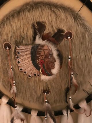 Vintage Native American Indian Large Dream Catcher Fur Wool Feathers Beads 2
